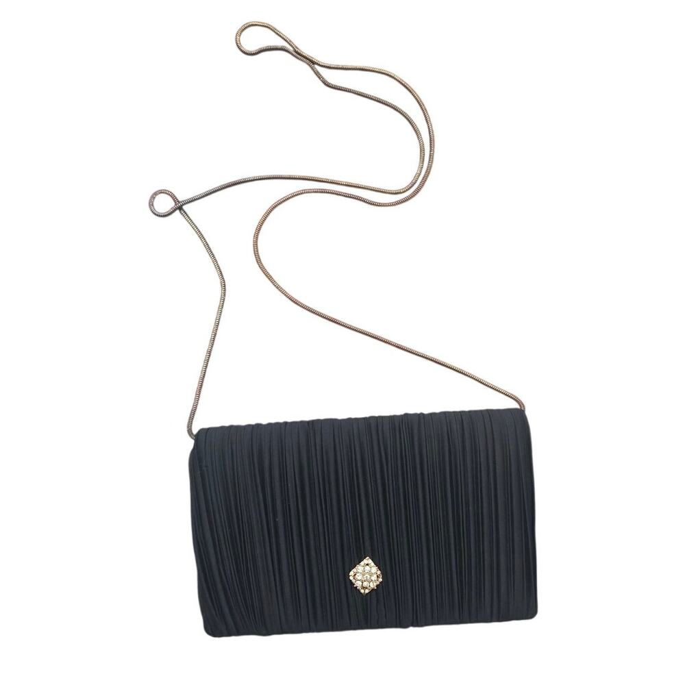 Vintage Lord & Taylor Satin Evening Clutch Crossbody Bag Pleated Rhinestone